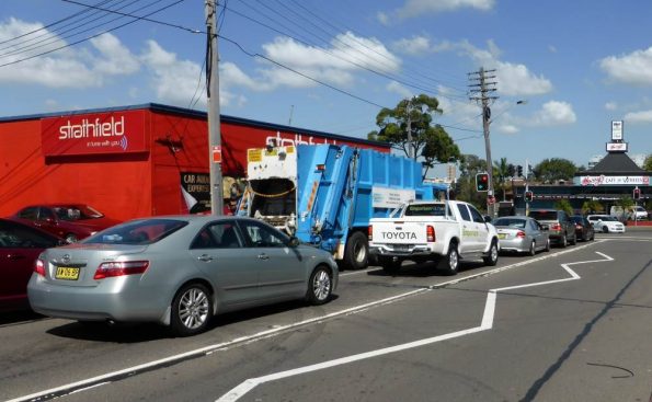 Traffic queuing at the corner of Parramatta Rd and Broughton St, Burwood