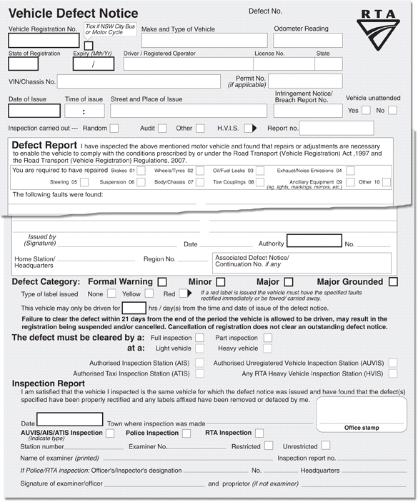 vehicle defect notice form