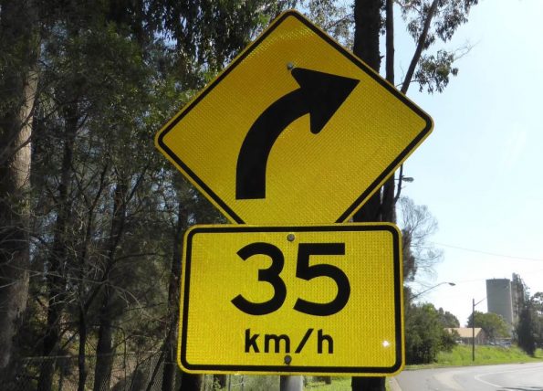 Advisory speed limits like this 35kph right-hand bend should be approached with caution and driven under the suggested limit