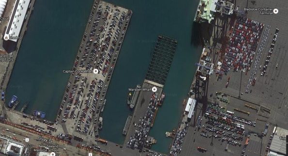 This Google Maps image shows all the wharves with significant numbers of vehicles; Bledisloe Wharf is on the right. Each wharf is over 200m long