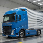 A bright blue Volvo truck undergoing aerodynamic testing in a wind tunnel, with visible airflow simulation using smoke trails to analyze air resistance and efficiency.
