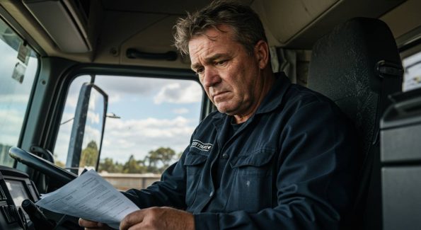 A middle-aged truck driver sitting in the cabin of his truck, looking at documents with a serious expression. The image captures a moment of concern or focus, possibly related to logistics, regulations, or delivery paperwork. The truck’s interior and a blurred outdoor scene are visible through the window.