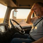 A weary truck driver sitting inside his truck's cabin, holding his forehead in fatigue as the sun sets on a deserted road. The dashboard, steering wheel, and windshield reflecting the evening sunlight emphasize the challenges of long-haul driving.