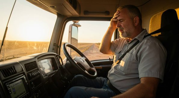 A weary truck driver sitting inside his truck's cabin, holding his forehead in fatigue as the sun sets on a deserted road. The dashboard, steering wheel, and windshield reflecting the evening sunlight emphasize the challenges of long-haul driving.