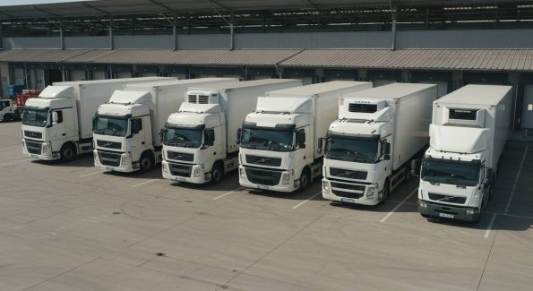 A row of white refrigerated trucks parked in a distribution center, ready for transportation and delivery. The trucks are lined up in designated spots outside a large warehouse, highlighting the efficiency of modern logistics and supply chain management.
