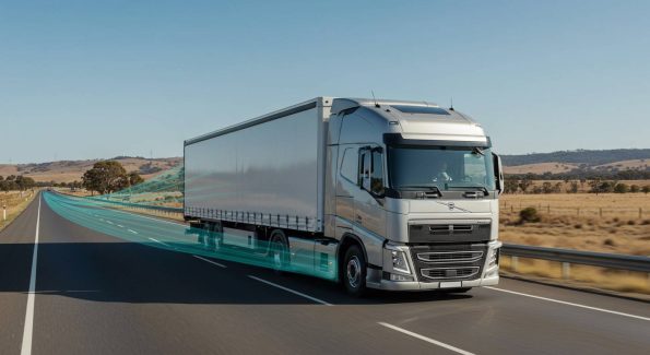 A modern silver truck equipped with advanced autonomous driving technology is traveling along a highway in a rural landscape. Digital blue lines overlay the image, illustrating the truck's self-driving capabilities and smart lane assistance features.