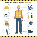 Illustration of personal protective equipment (PPE) including hard hat, safety goggles, respirator mask, ear protection, gloves, safety vest, overalls, and safety boots.