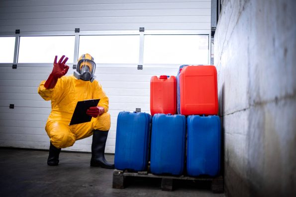 Worker in a yellow hazmat suit and full-face respirator giving an OK sign while inspecting red and blue chemical containers.
