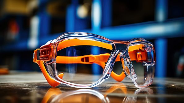 Close-up of clear safety goggles with orange accents, placed on a reflective surface in an industrial setting.